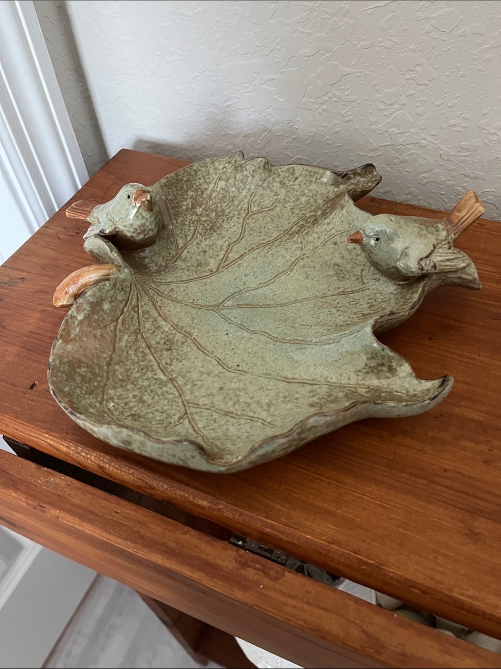 Vintage Studio Art Decorative Leaf Bird Trinket Dish - Sage Green 8 x10